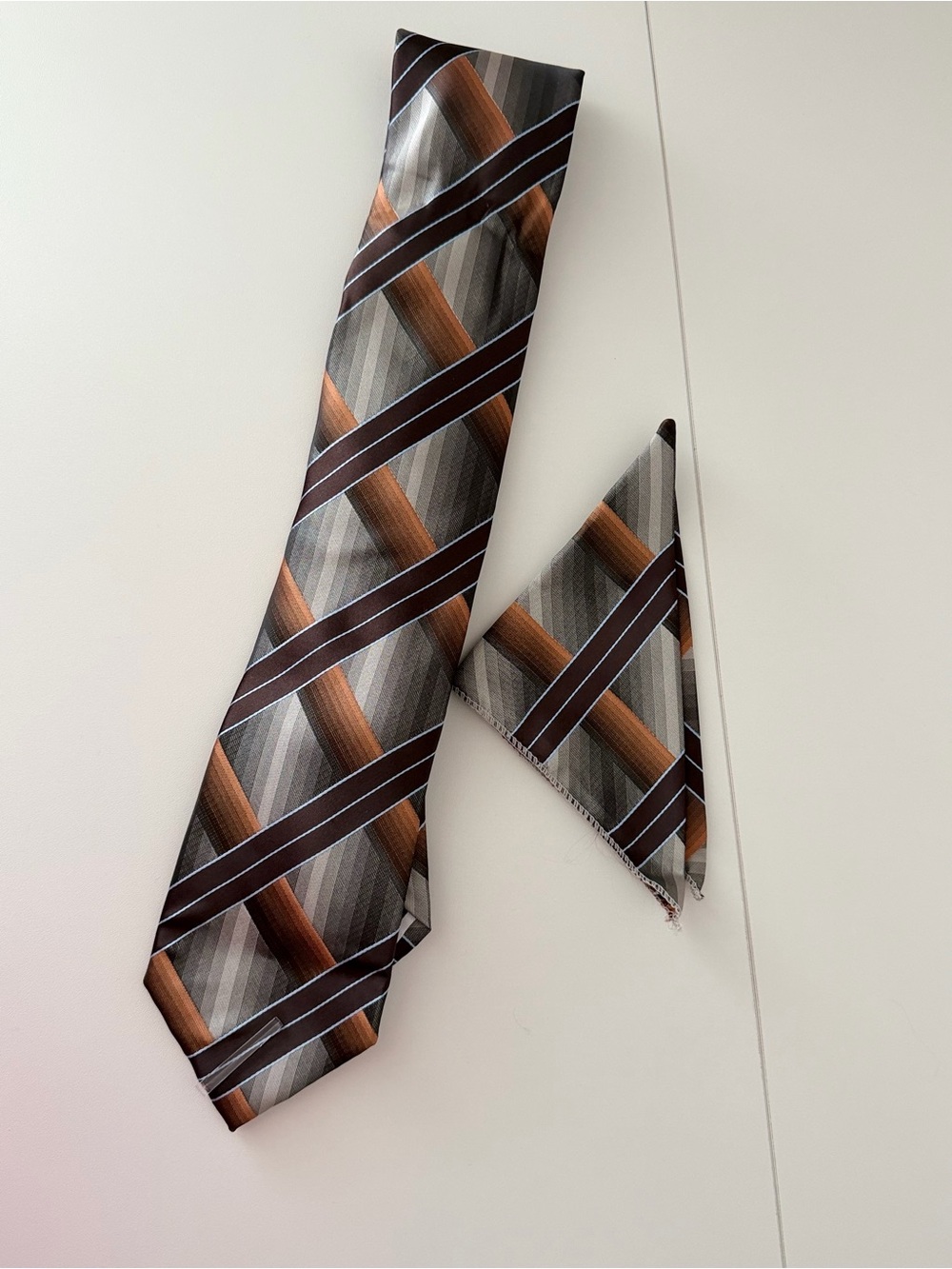 Karl Knox Men’s Tie & Pocket Square Set Brown Gray Orange Geometric Striped